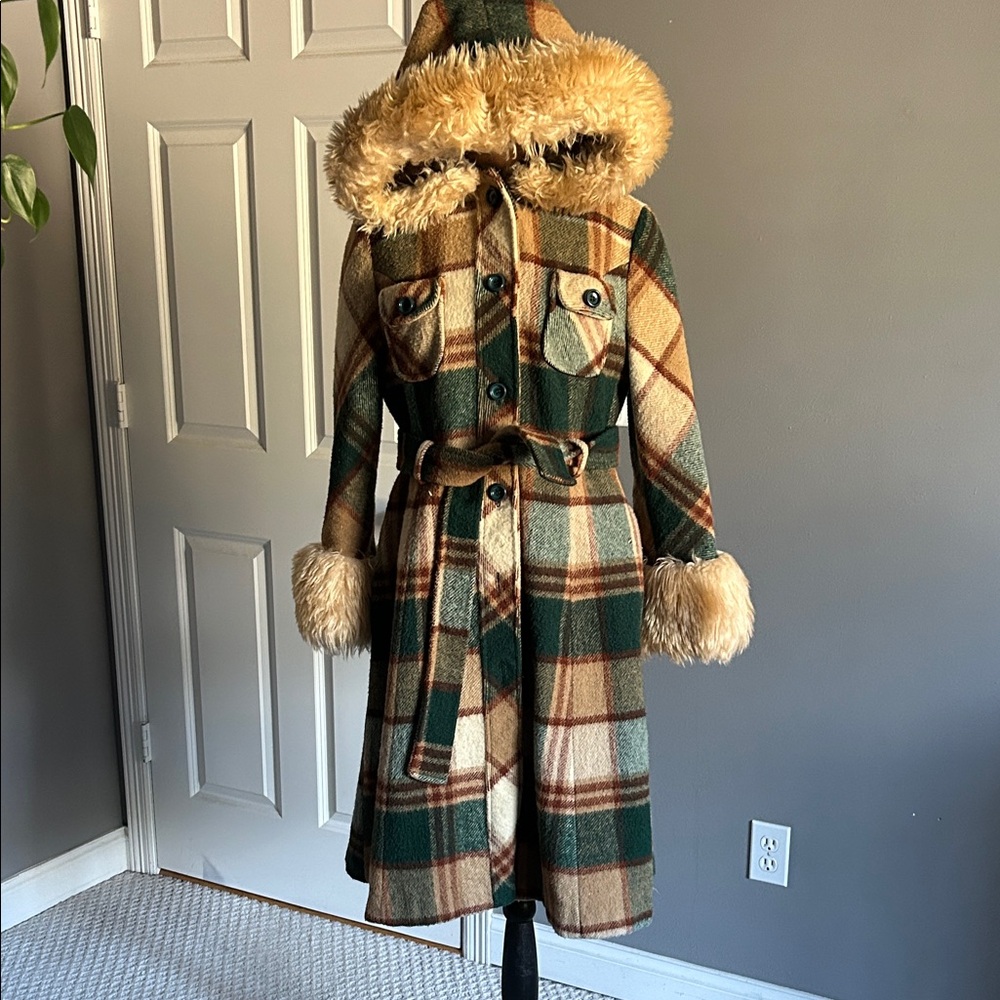 Plaid Faux Fur Trimmed Hooded Coat